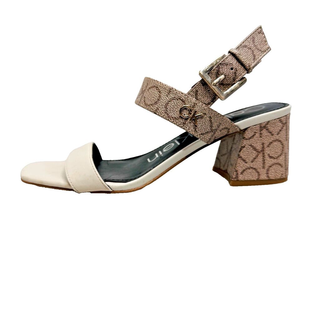 Calvin Klein Strappy Heel Sandals Women 9.5 White Square Toe Ankle Strap